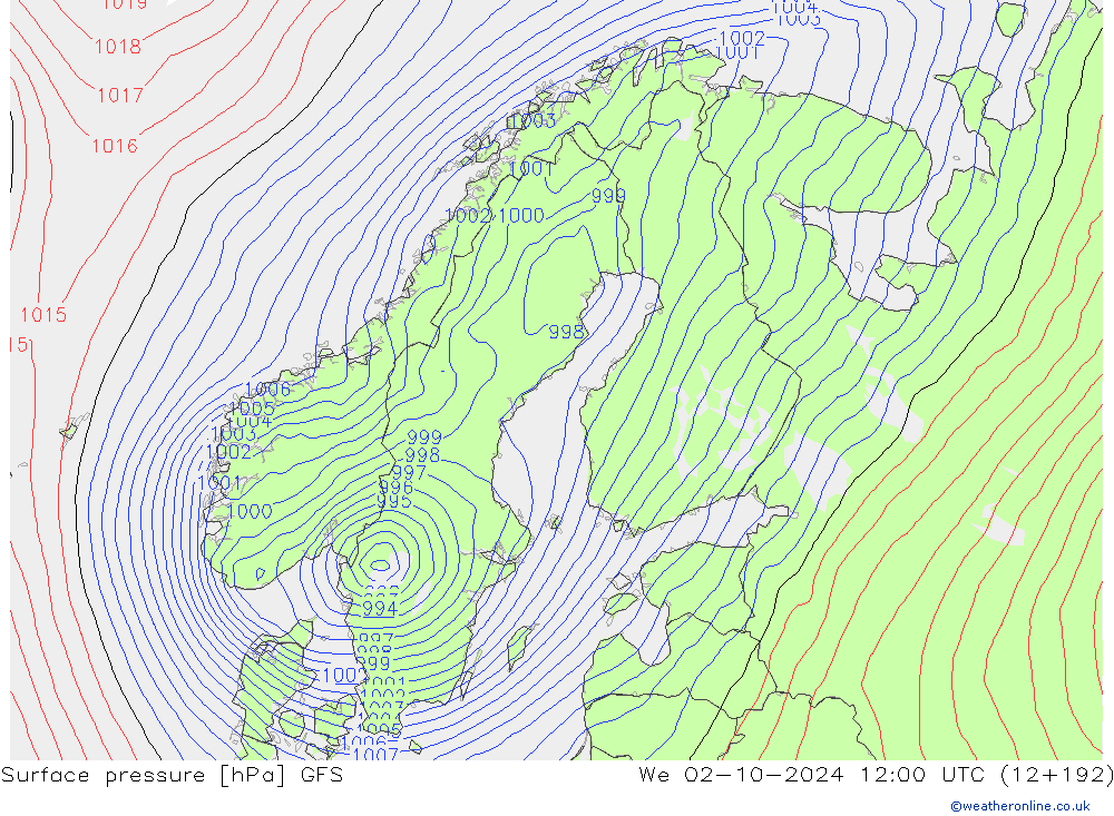 Presión superficial GFS mié 02.10.2024 12 UTC