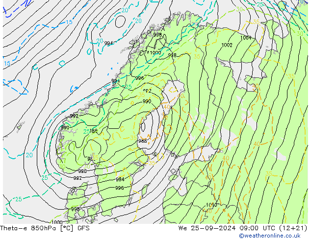 Theta-e 850hPa GFS śro. 25.09.2024 09 UTC