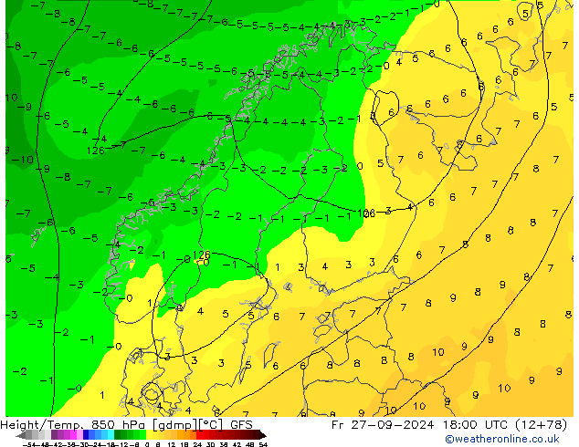 Geop./Temp. 850 hPa GFS vie 27.09.2024 18 UTC