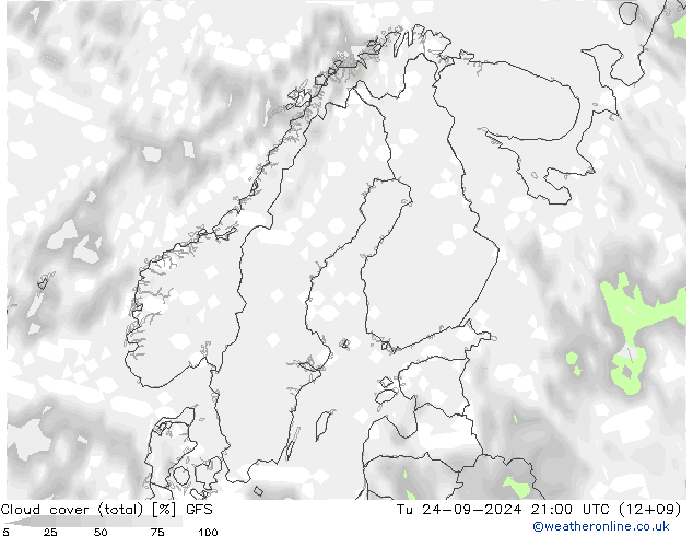 Cloud cover (total) GFS Tu 24.09.2024 21 UTC