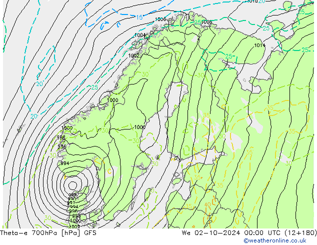 Theta-e 700hPa GFS We 02.10.2024 00 UTC