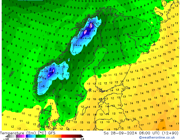 mapa temperatury (2m) GFS so. 28.09.2024 06 UTC