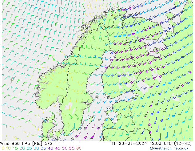 ветер 850 гПа GFS чт 26.09.2024 12 UTC