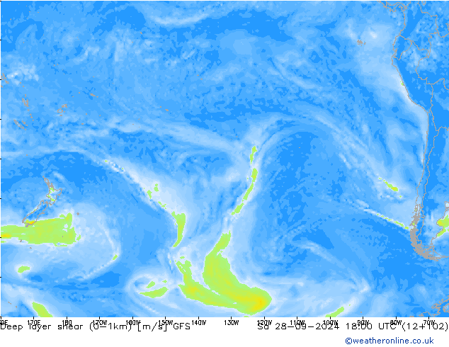 Deep layer shear (0-1km) GFS Sa 28.09.2024 18 UTC