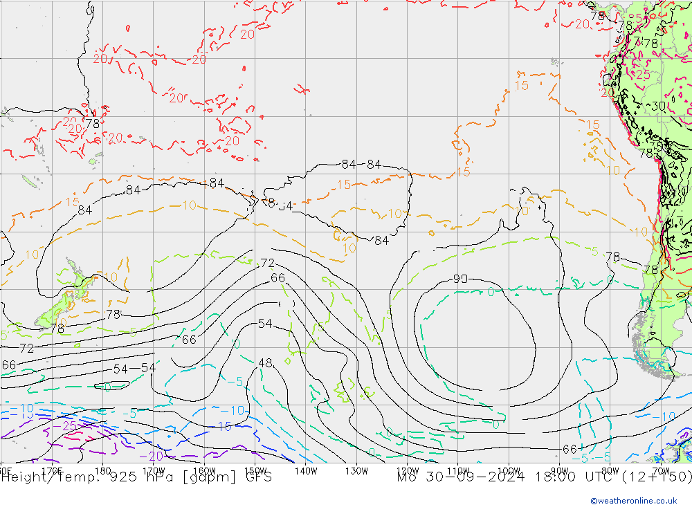 Height/Temp. 925 гПа GFS пн 30.09.2024 18 UTC