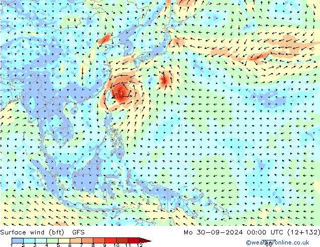 Bodenwind (bft) GFS Mo 30.09.2024 00 UTC