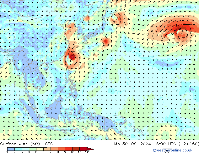 Surface wind (bft) GFS Mo 30.09.2024 18 UTC