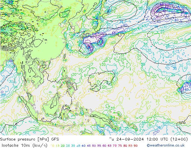 Isotachs (kph) GFS  24.09.2024 12 UTC