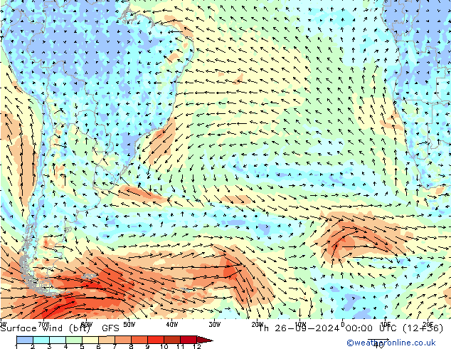 Viento 10 m (bft) GFS jue 26.09.2024 00 UTC