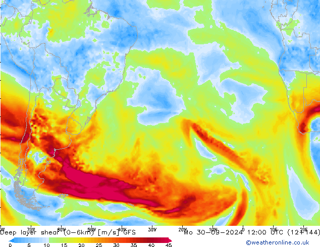 Deep layer shear (0-6km) GFS Mo 30.09.2024 12 UTC