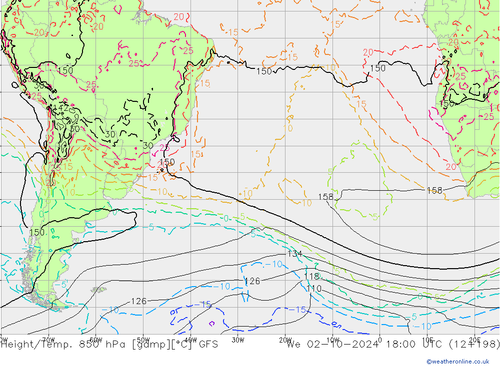 Height/Temp. 850 hPa GFS We 02.10.2024 18 UTC