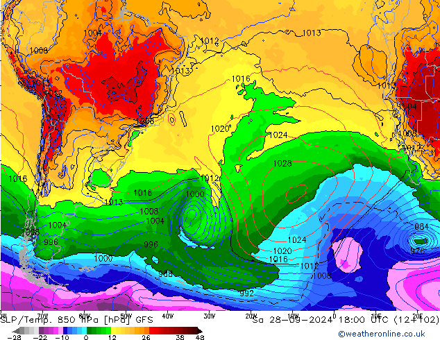 SLP/Temp. 850 hPa GFS Sa 28.09.2024 18 UTC