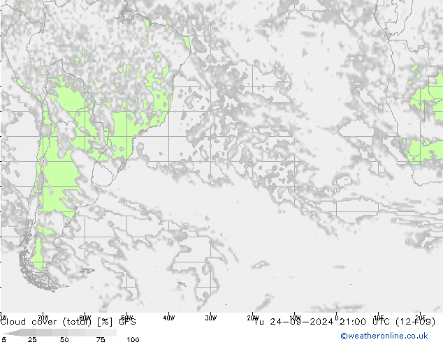 Cloud cover (total) GFS Tu 24.09.2024 21 UTC