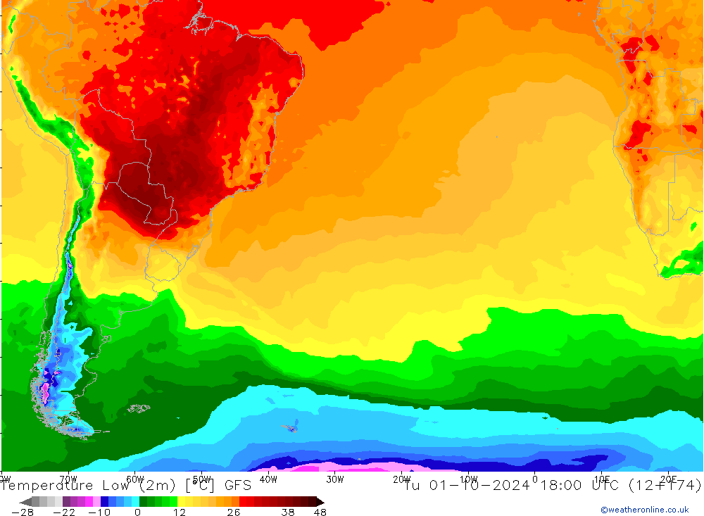 Nejnižší teplota (2m) GFS Út 01.10.2024 18 UTC