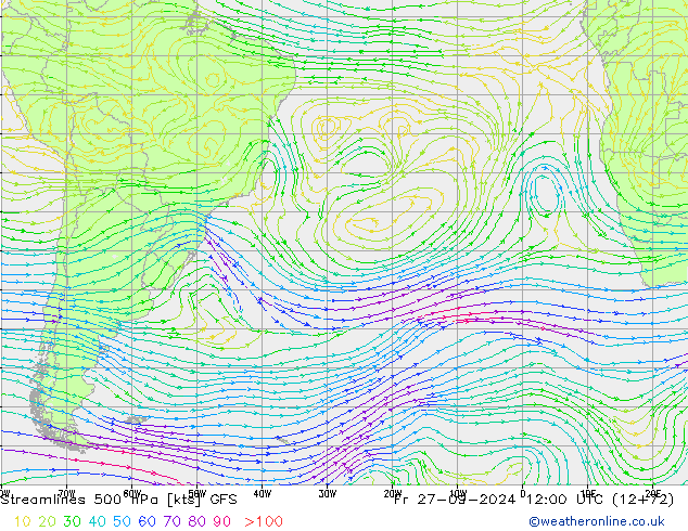 Linea di flusso 500 hPa GFS ven 27.09.2024 12 UTC