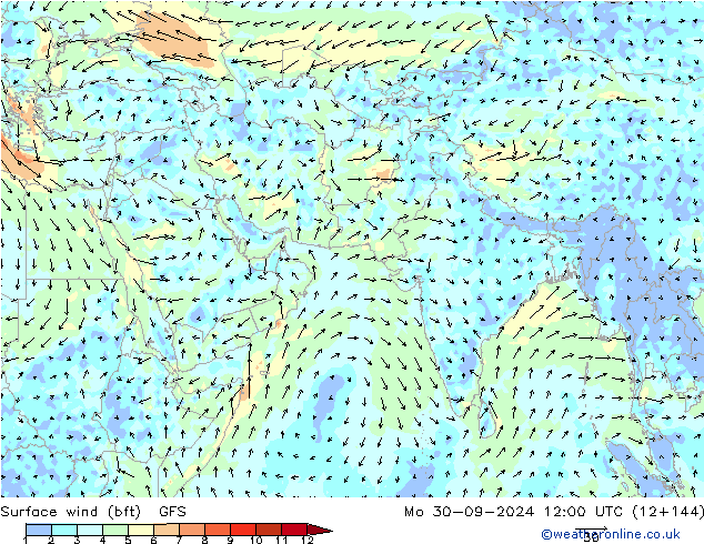 Vent 10 m (bft) GFS lun 30.09.2024 12 UTC