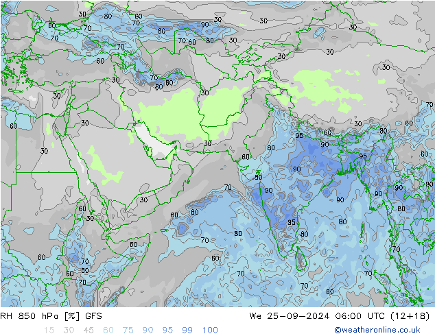 Humedad rel. 850hPa GFS mié 25.09.2024 06 UTC