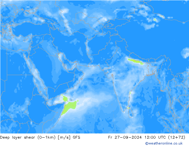 Deep layer shear (0-1km) GFS Cu 27.09.2024 12 UTC