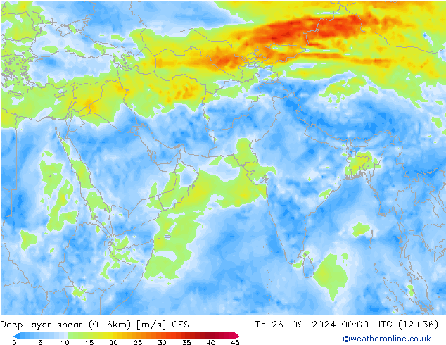 Deep layer shear (0-6km) GFS jeu 26.09.2024 00 UTC