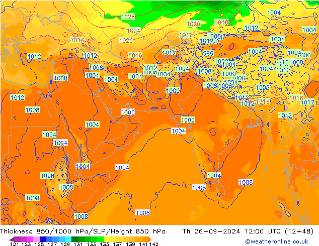 Thck 850-1000 hPa GFS gio 26.09.2024 12 UTC