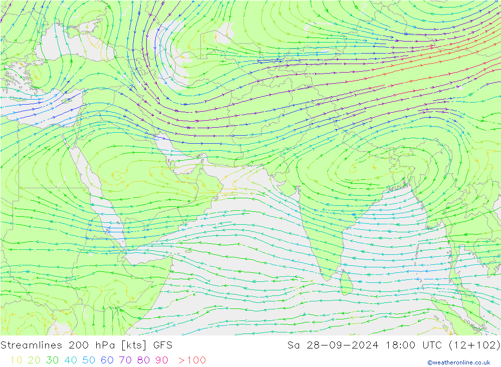 Linea di flusso 200 hPa GFS sab 28.09.2024 18 UTC