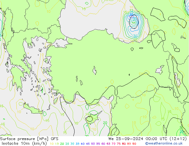 Isotachen (km/h) GFS wo 25.09.2024 00 UTC