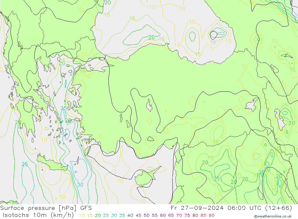 Eşrüzgar Hızları (km/sa) GFS Cu 27.09.2024 06 UTC