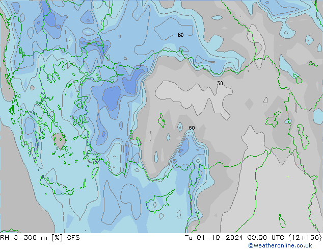 Humidité rel. 0-300 m GFS mar 01.10.2024 00 UTC