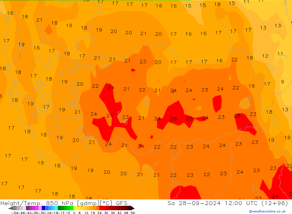 Height/Temp. 850 hPa GFS Sa 28.09.2024 12 UTC