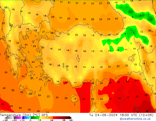 Temperature (2m) GFS Tu 24.09.2024 18 UTC