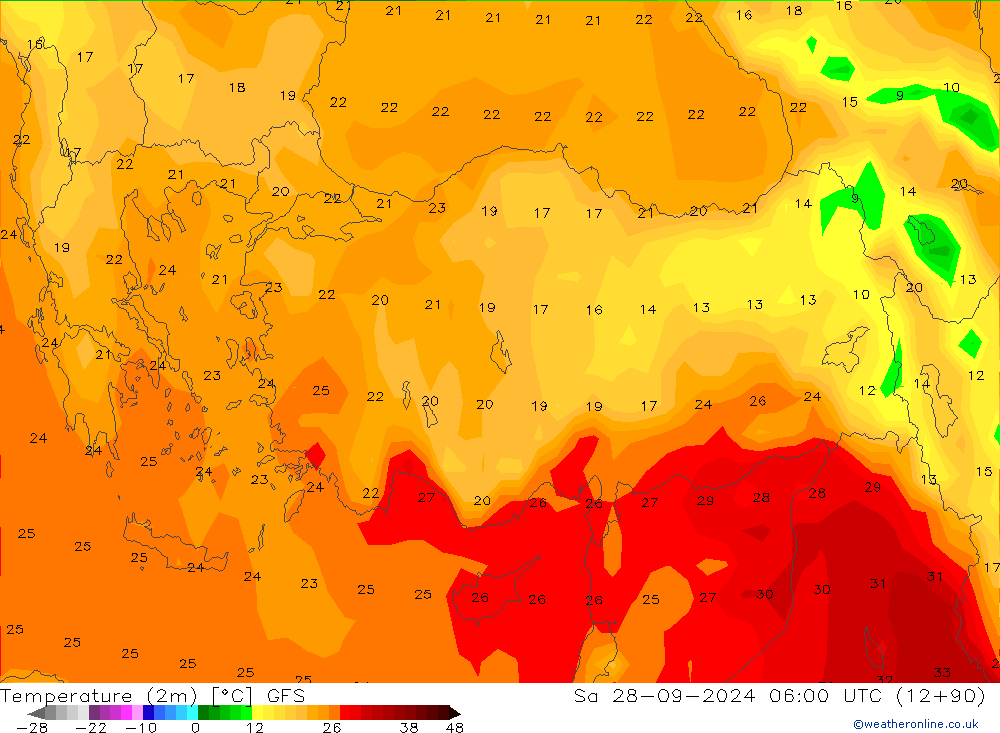 Temperature (2m) GFS Sa 28.09.2024 06 UTC