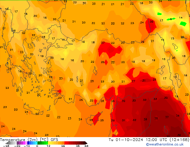 Sıcaklık Haritası (2m) GFS Sa 01.10.2024 12 UTC