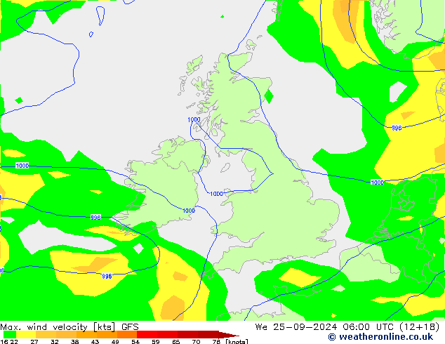 Max. wind velocity GFS We 25.09.2024 06 UTC