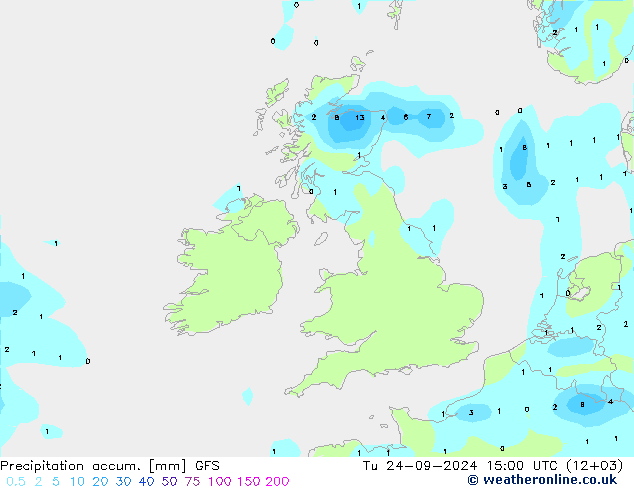 Precipitation accum. GFS Út 24.09.2024 15 UTC