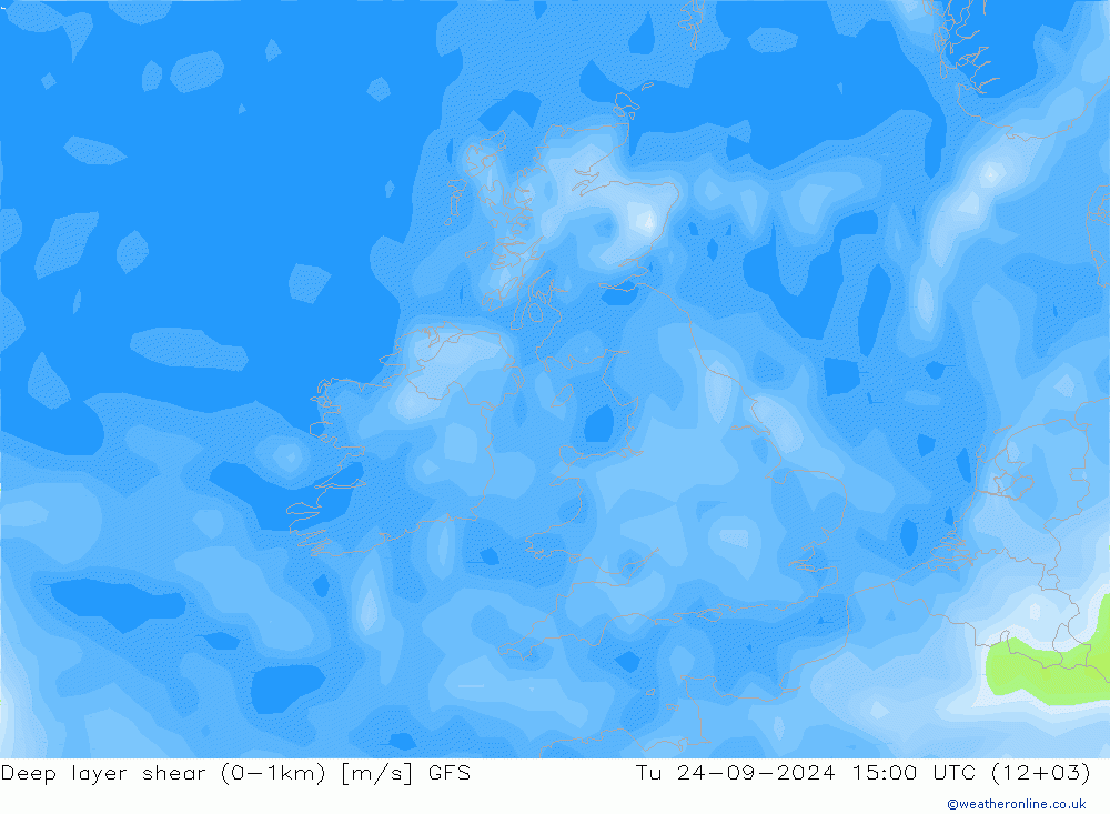 Deep layer shear (0-1km) GFS mar 24.09.2024 15 UTC