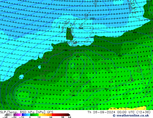 SLP/Temp. 850 hPa GFS Th 26.09.2024 00 UTC