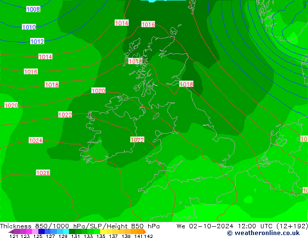 Espesor 850-1000 hPa GFS mié 02.10.2024 12 UTC