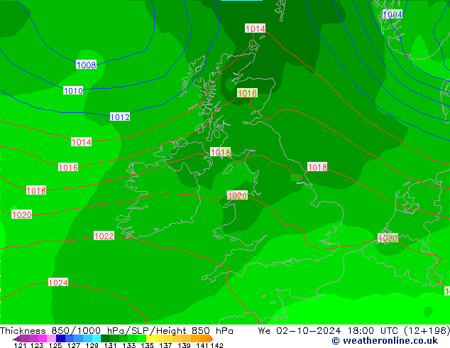 Espesor 850-1000 hPa GFS mié 02.10.2024 18 UTC