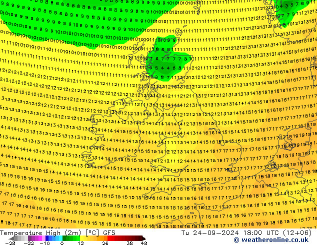 Nejvyšší teplota (2m) GFS Út 24.09.2024 18 UTC