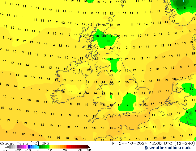 Temperatura del suelo GFS vie 04.10.2024 12 UTC