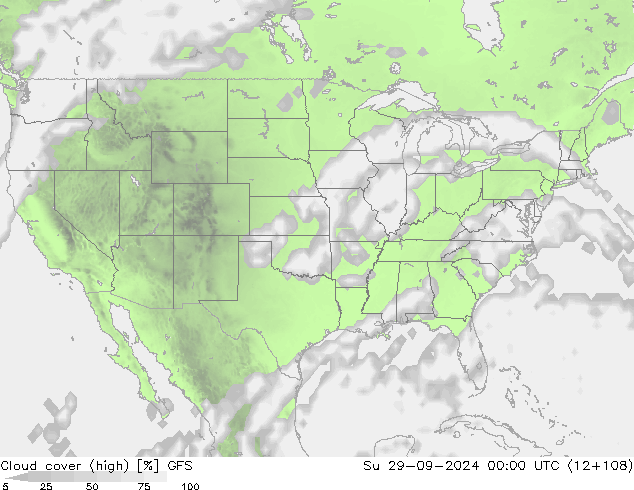 Cloud cover (high) GFS Su 29.09.2024 00 UTC