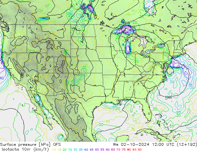 Isotachs (kph) GFS We 02.10.2024 12 UTC