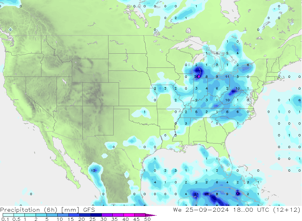 Precipitazione (6h) GFS mer 25.09.2024 00 UTC