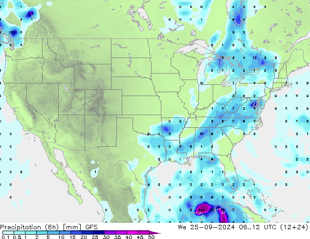 Précipitation (6h) GFS mer 25.09.2024 12 UTC