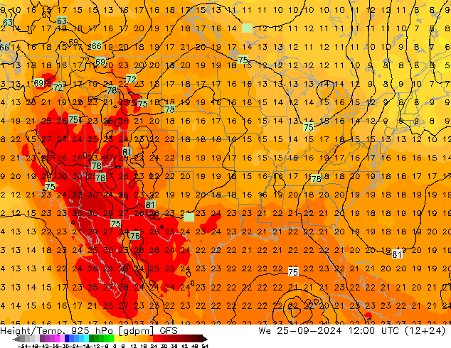 Height/Temp. 925 hPa GFS śro. 25.09.2024 12 UTC