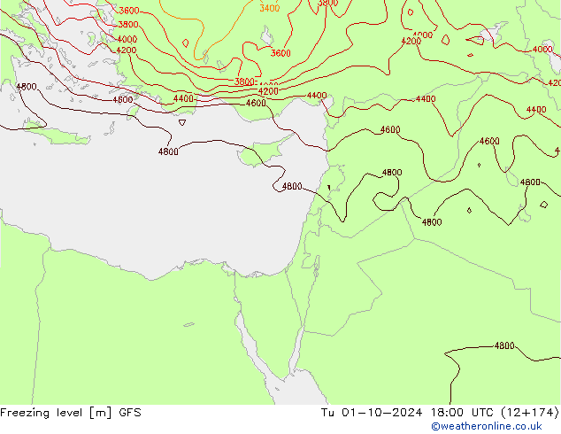 Freezing level GFS Út 01.10.2024 18 UTC