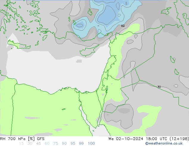 RH 700 hPa GFS We 02.10.2024 18 UTC