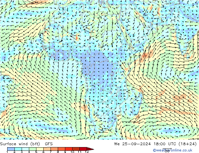 Vent 10 m (bft) GFS mer 25.09.2024 18 UTC