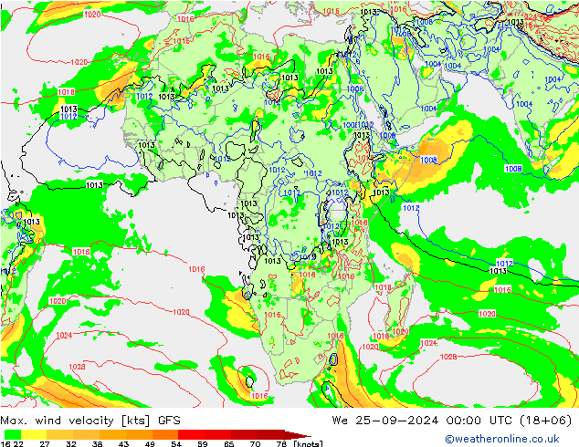 Max. wind snelheid GFS wo 25.09.2024 00 UTC