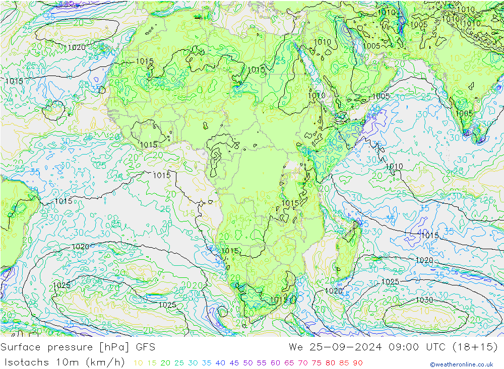 Isotachs (kph) GFS St 25.09.2024 09 UTC